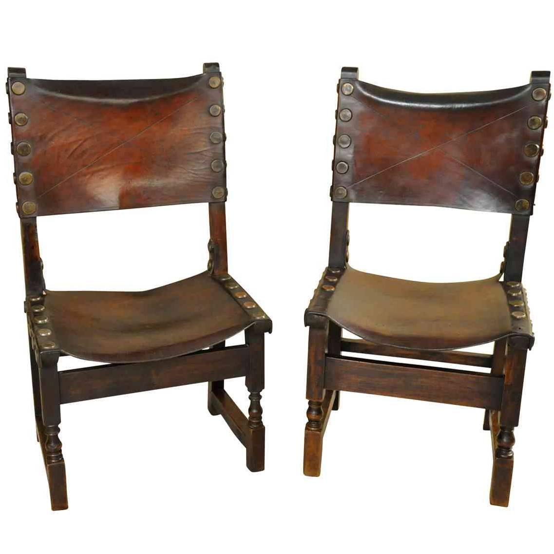 Pair of 17th Century Spanish Leather Chairs at 1stdibs