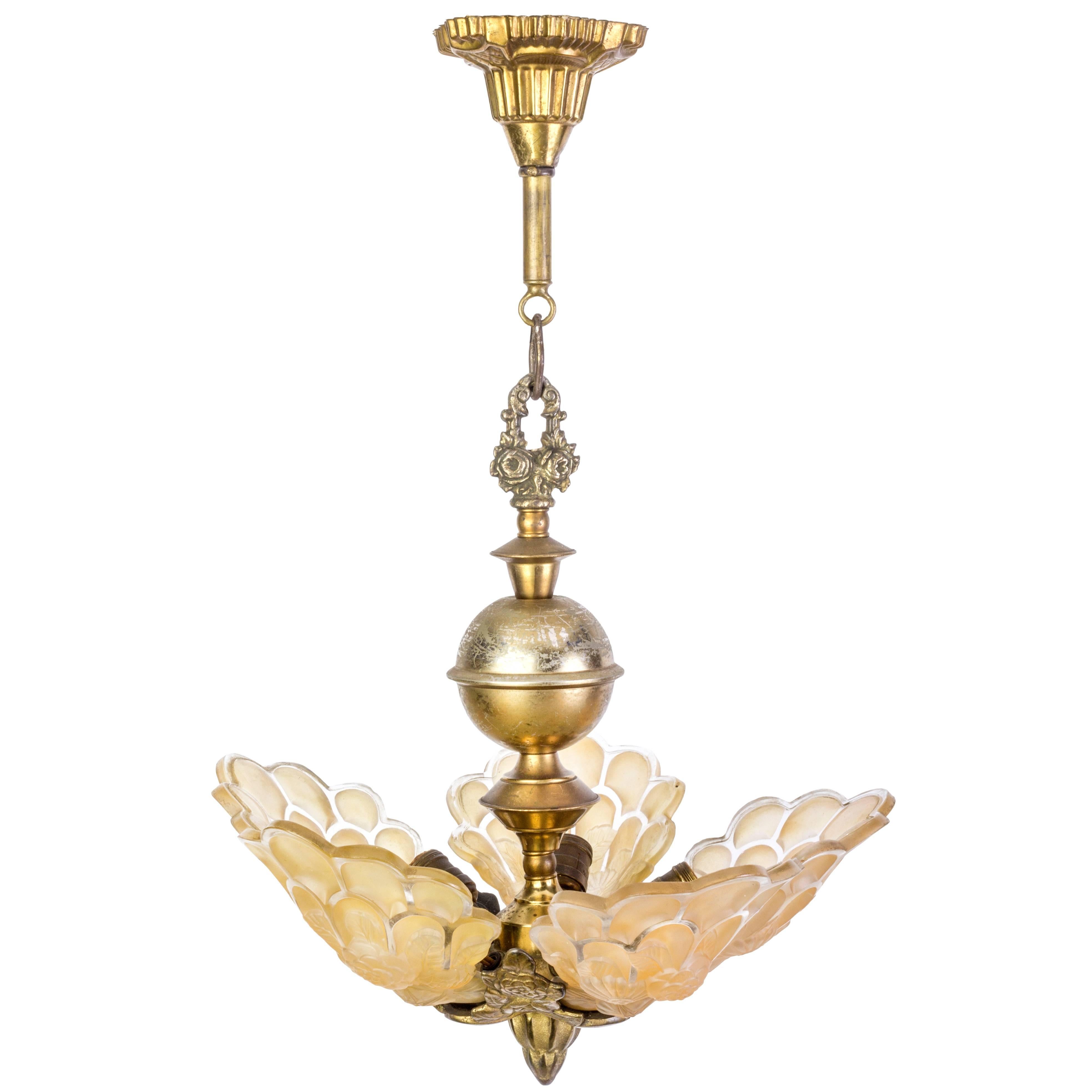 Exquisite Art Deco Chandelier with Peacock Shaped Glass Shades