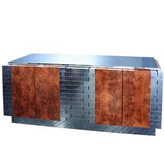 Exceptional Burl Wood and Tessellated Chrome Credenza by Paul Evans