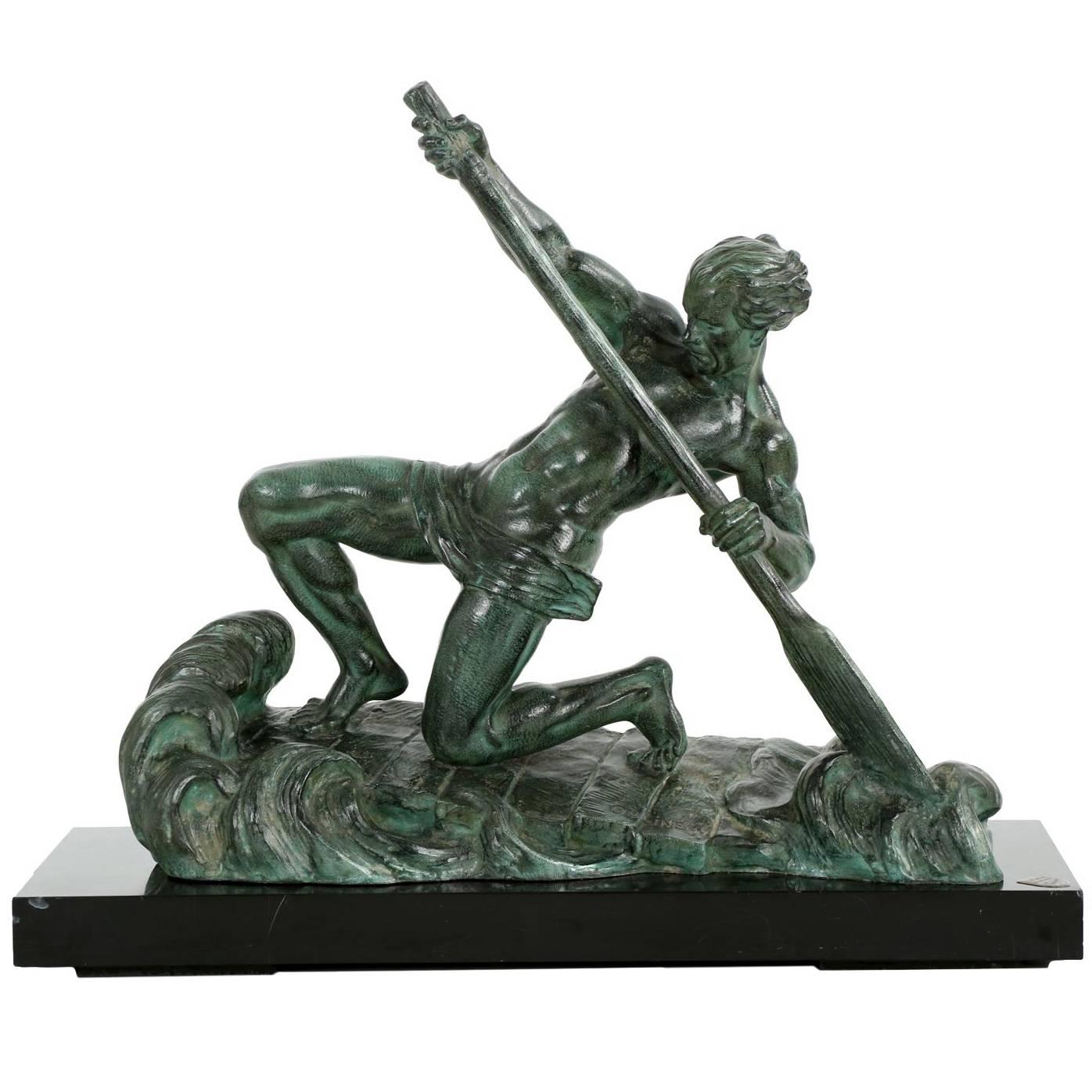 Sculpture française Art Déco en fonte patinée "Le rameur" par Alexandre Ouline