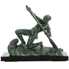 Vintage French Art Deco Patinated Spelter Sculpture of "The Rower" by Alexandre Ouline