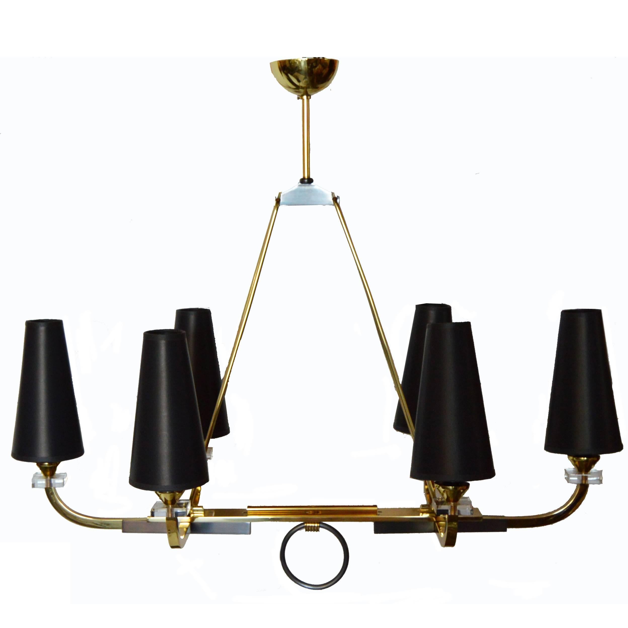 Jacques Adnet Six-Light Chandelier, pair available