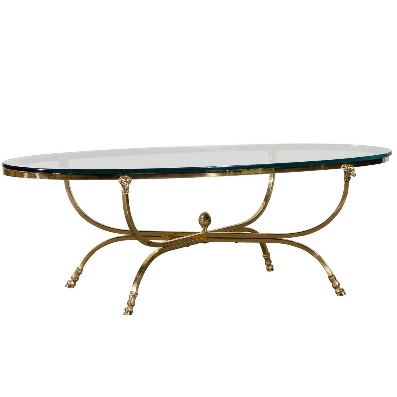 Mid-Century Oval Brass Coffee Table with Glass Top Attributed to Maison Jansen