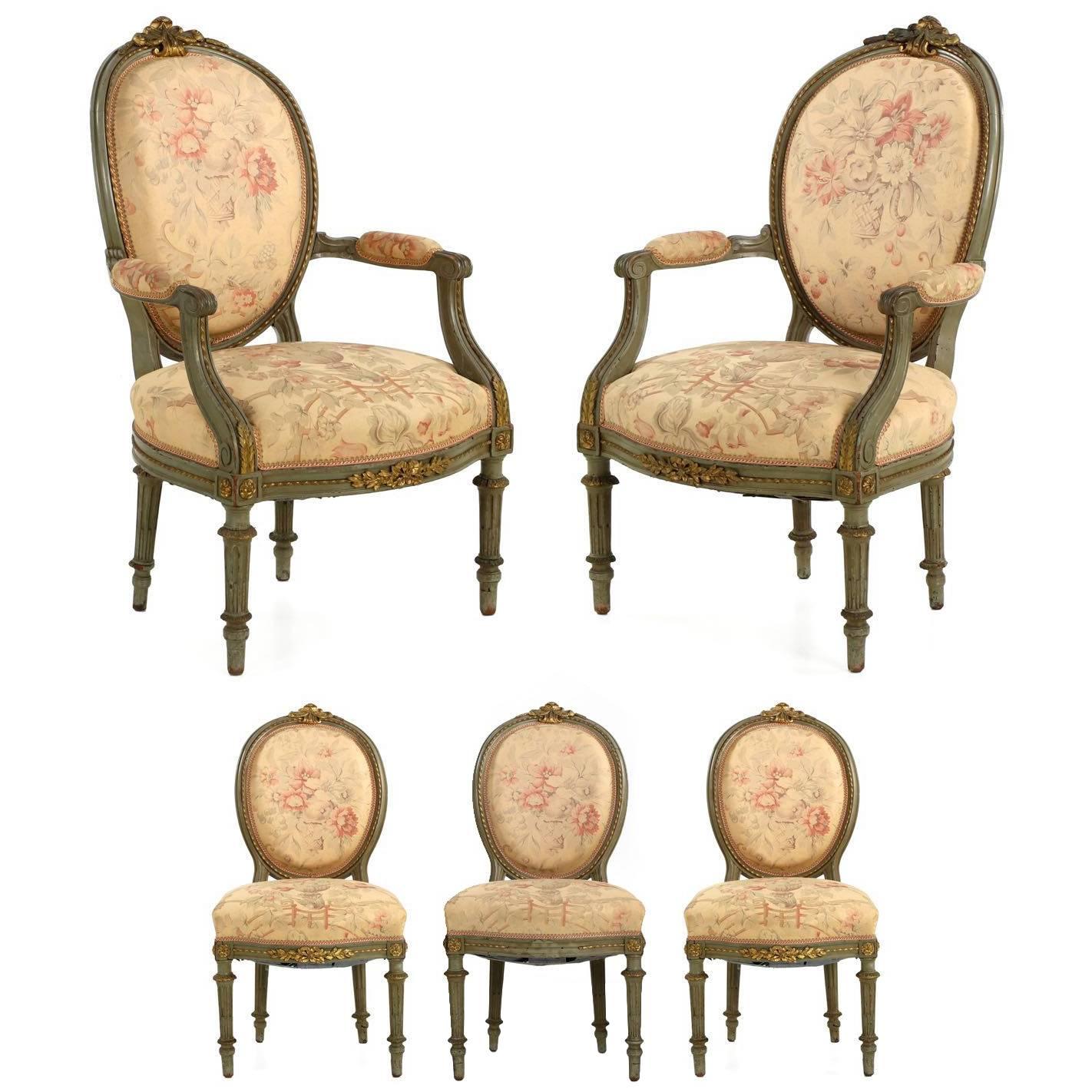 Set of Five French Louis XVI Style Antique Side and Armchairs, 19th Century