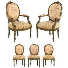 Set of Five French Louis XVI Style Antique Side and Armchairs, 19th Century