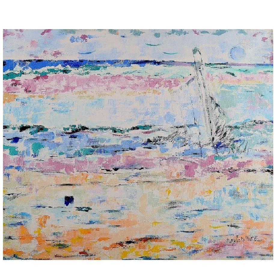Ray Letellier, französischer Künstler, Segelschiff auf See, Öl auf Leinwand