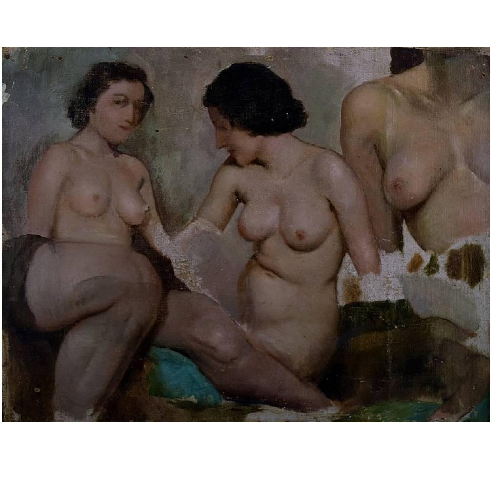 Ivan Thiele, Russian Artist, Academy Study of Naked Women, Oil on Canvas