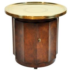 Vintage Brass Dish Top End Table with Fluted Walnut Base and Door