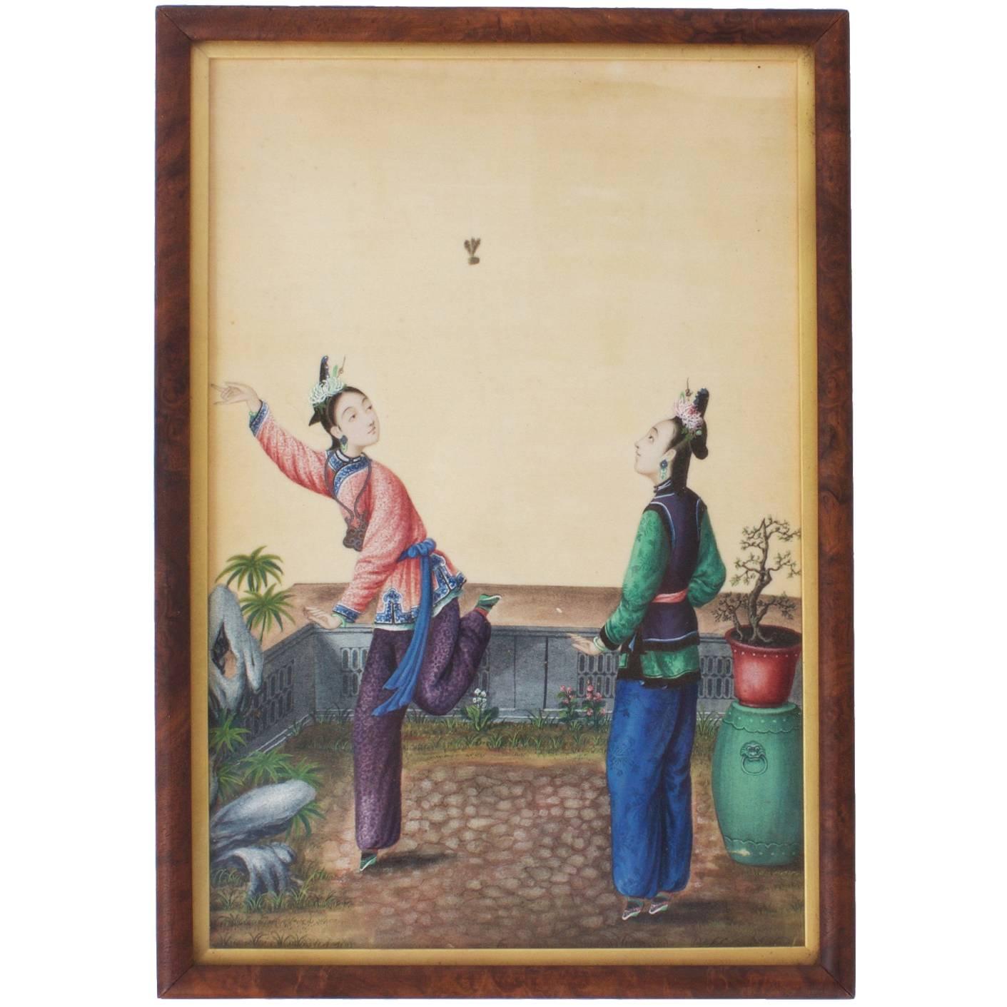 Chinese Watercolor of Two Women with a Shuttlecock, Not a Pith Painting
