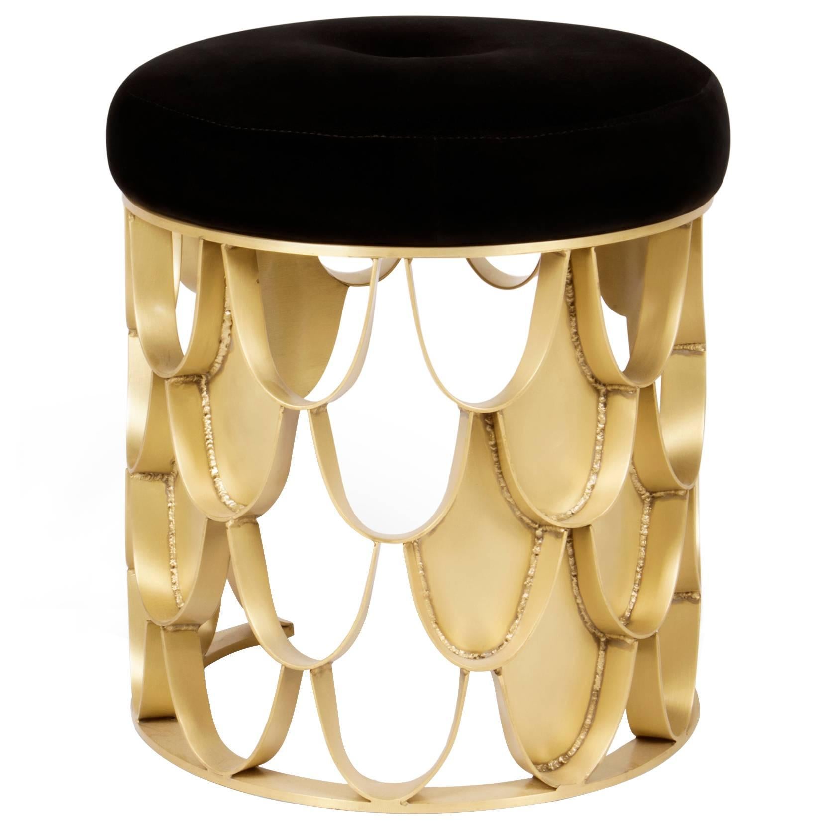 Carpus Stool in Brushed Aged Brass Base and Seat in Velvet Fabric For Sale