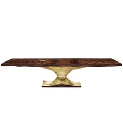 Gold Tree Dining Table with Walnut Root Top Polished Brass Base