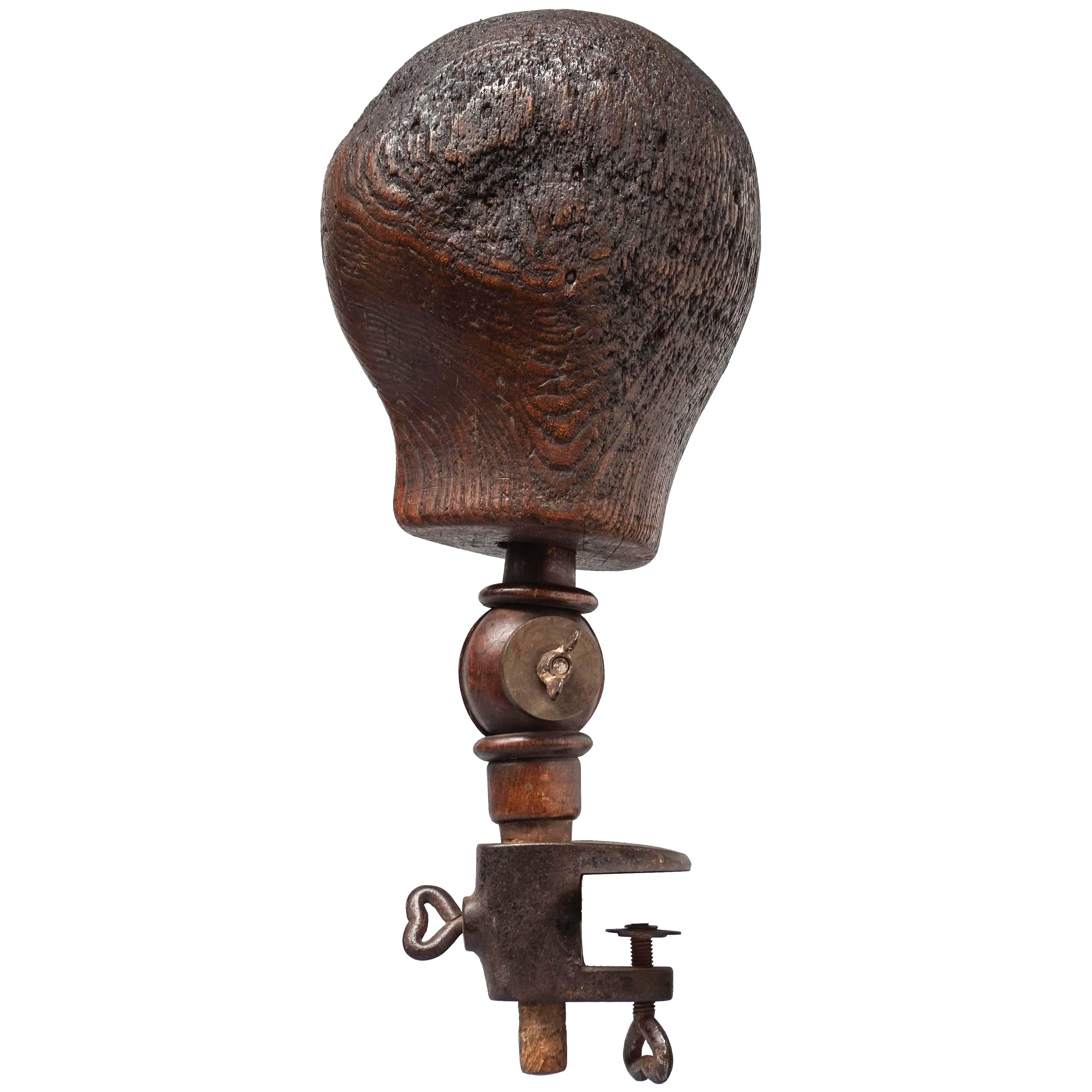 19th Century Solid Treen Wood Wig Block Stand and Clamp