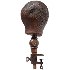 19th Century Solid Treen Wood Wig Block Stand and Clamp
