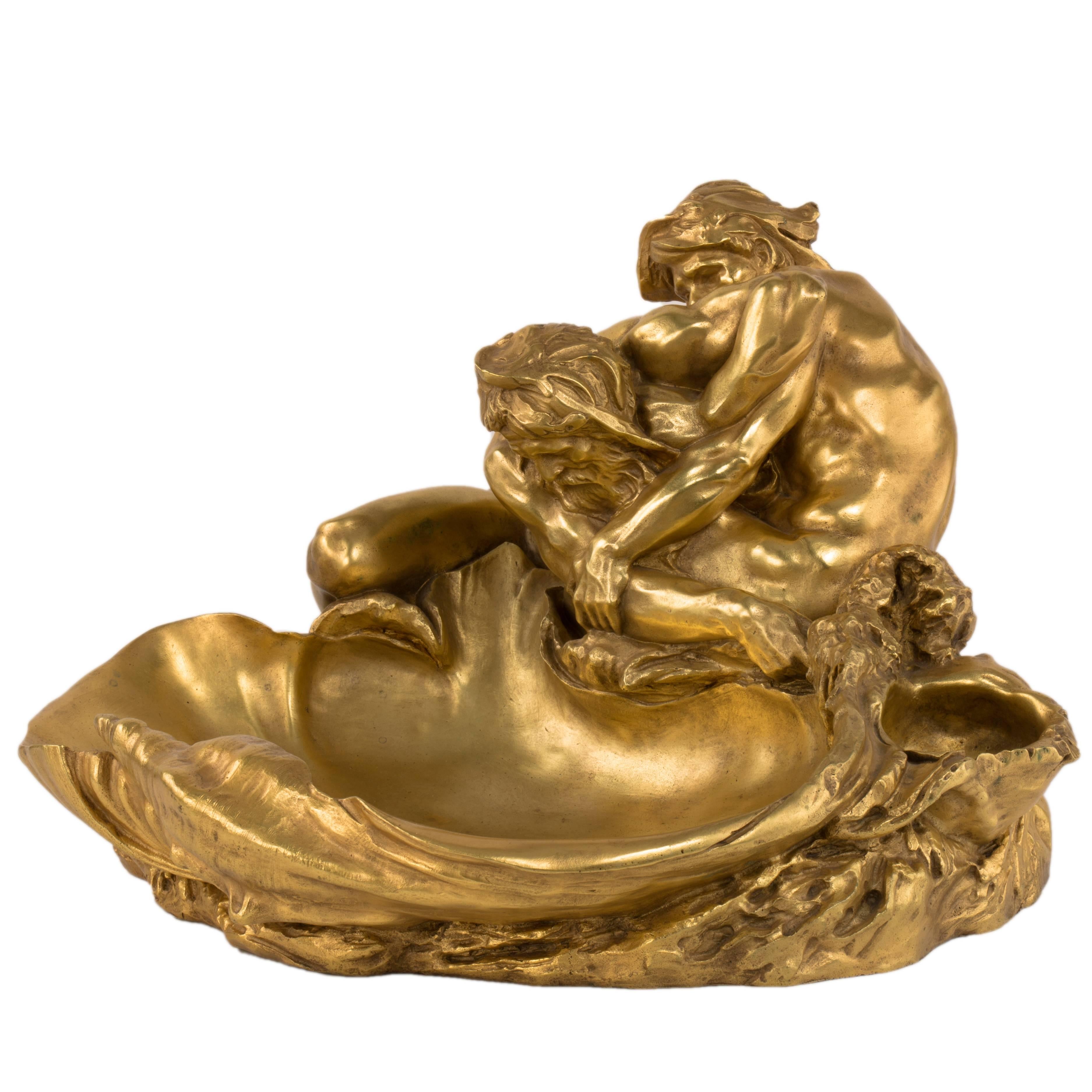 Vide-de-poche en bronze français de la fin du XIXe siècle « Les Lutteurs » de G. Michel