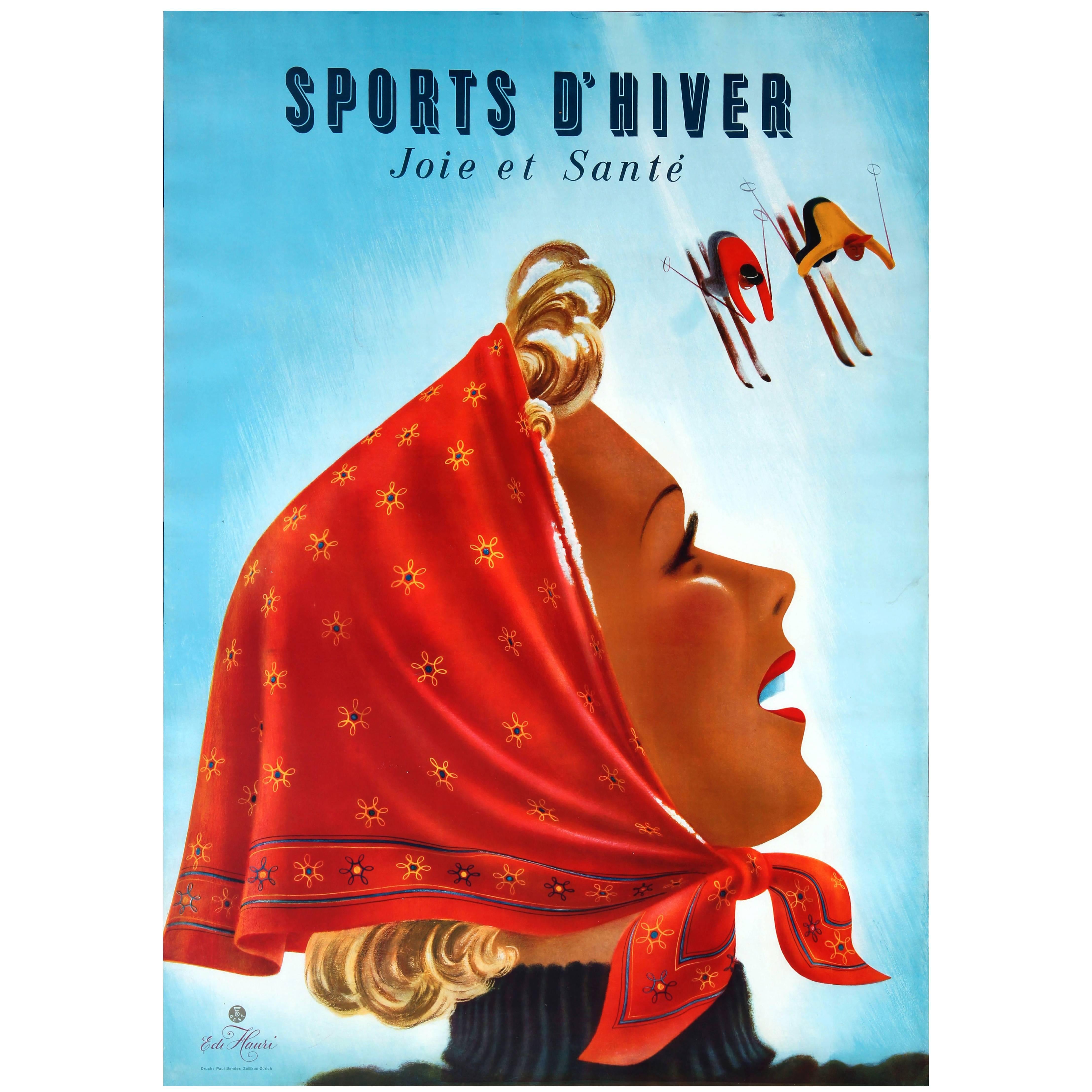 Original Vintage Skiing Poster, Winter Sports Happiness and Health Joie Et Sante For Sale