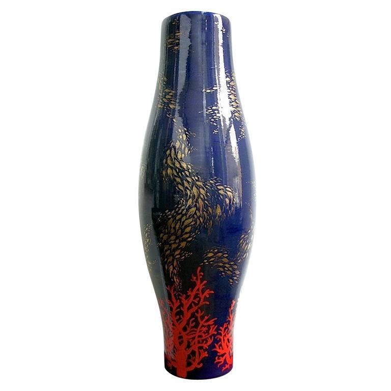 Modern Italian Monumental Gold, Red, Blue Vase by Ceramica Gatti with