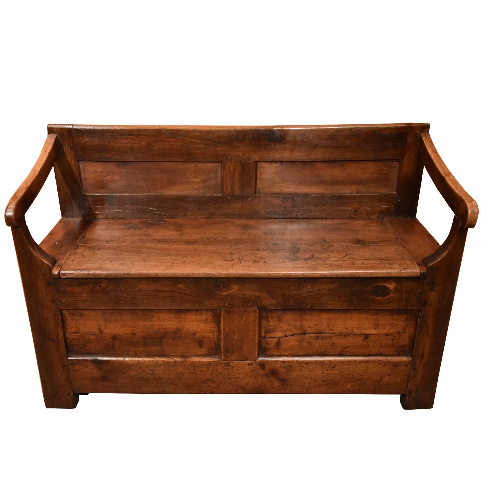 Handsome French Chestnut and Fruitwood Bench For Sale