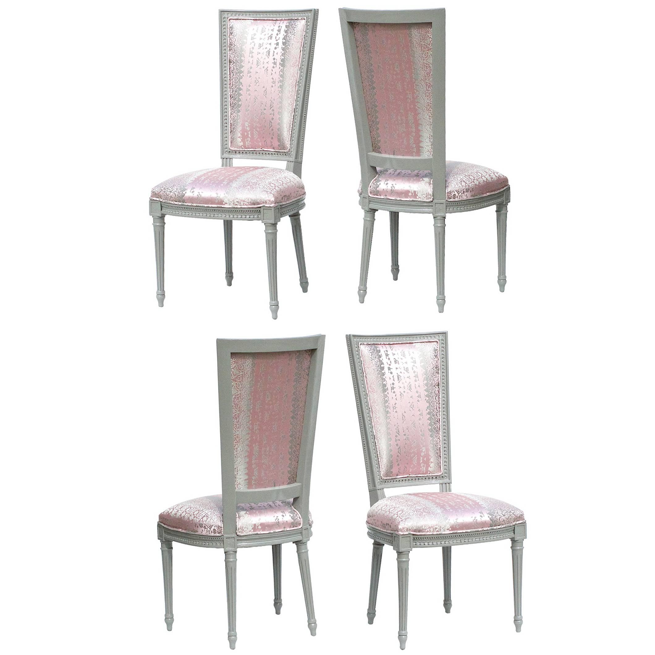 Louis XVI High Back Dining Chairs in Donghia, Set of 4 For Sale