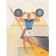 "Strong Man, " Art Deco Painting Influenced by Constructivism and Cubism