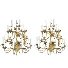 Antique Lively and Large Pair of French 1920's Gilt-Tole Fourteen-Light Floral Sconces