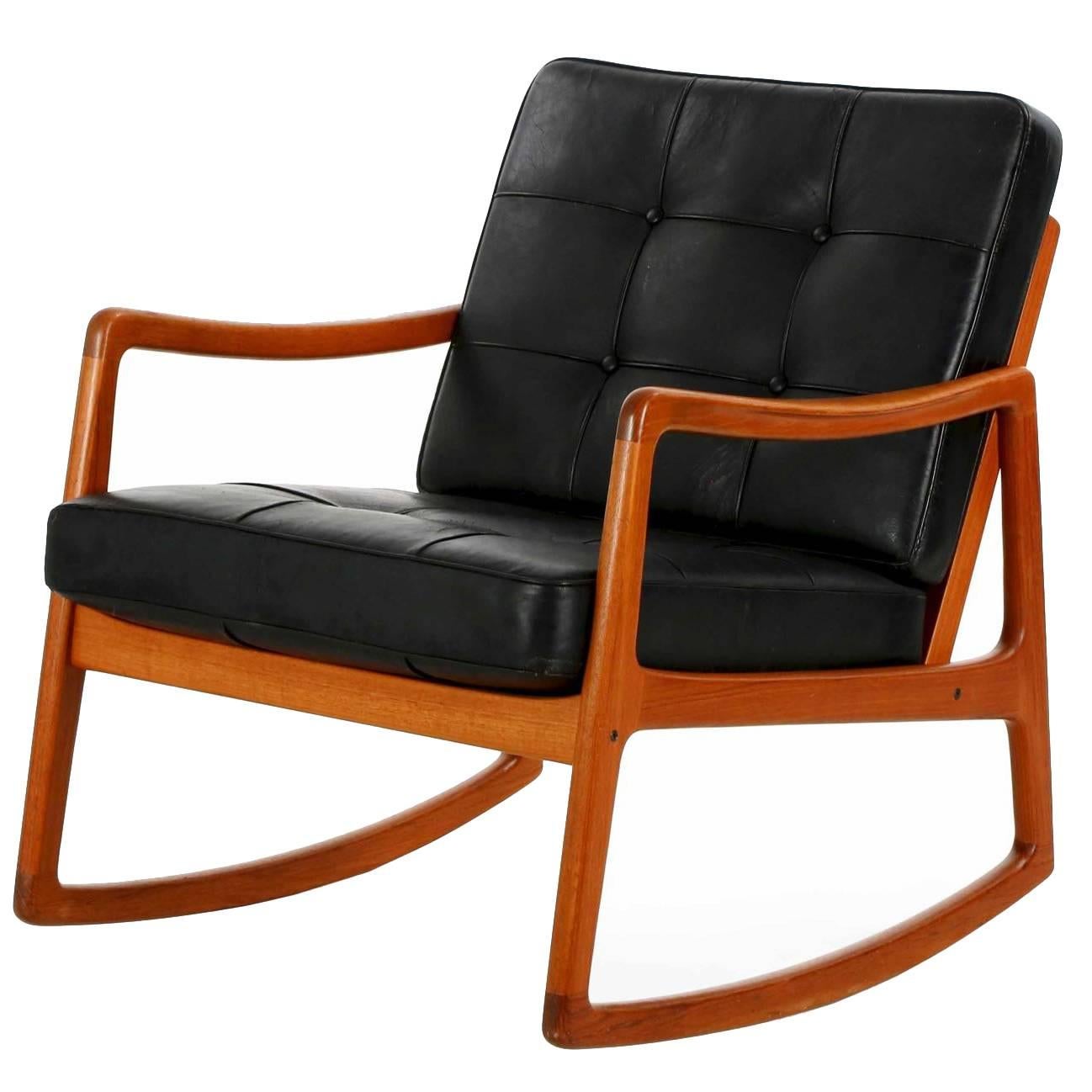 Danish Modern Sculpted Teak and Leather Rocking Chair by Ole Wanscher