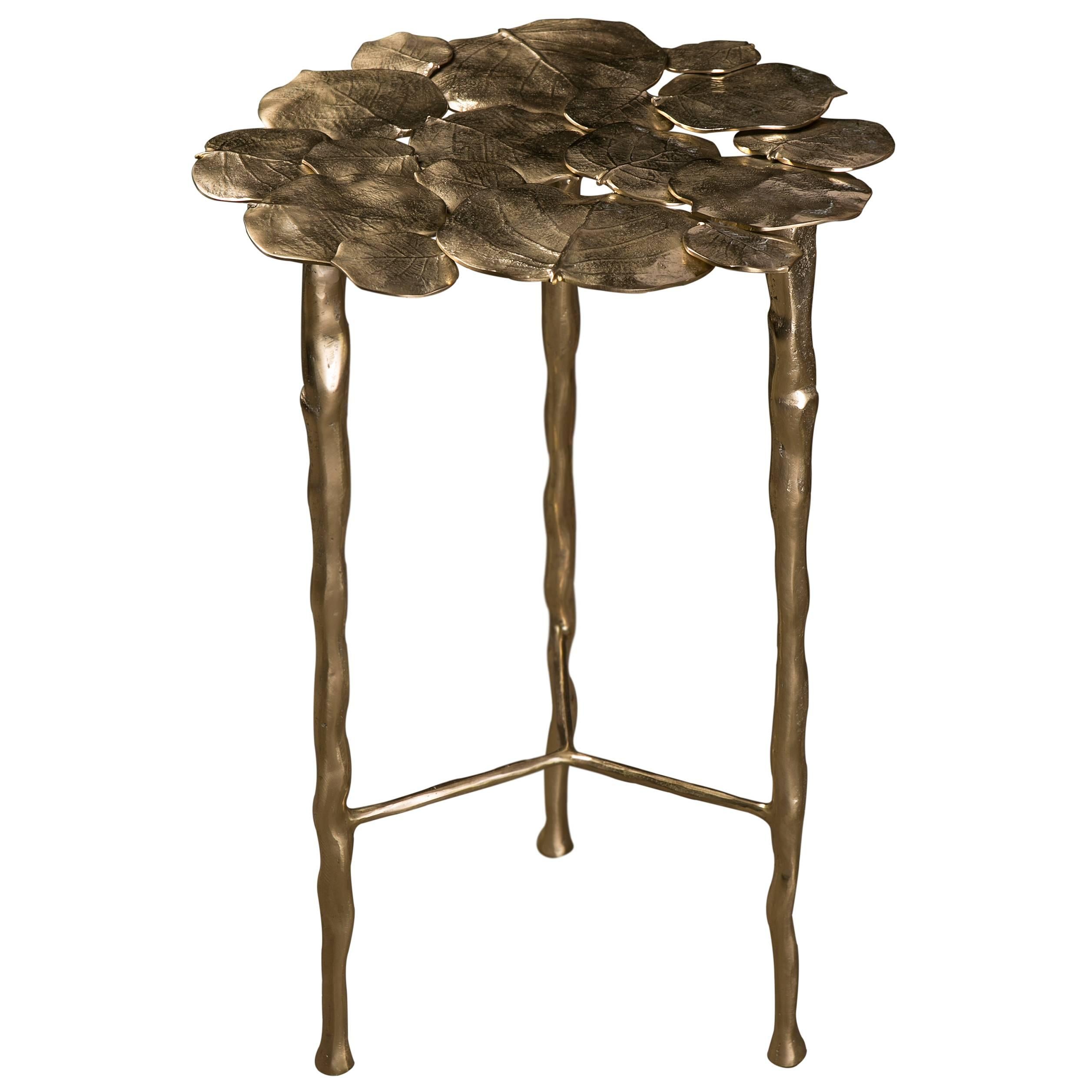 French Modern Cast Brass Decorative Leaves Side Table For Sale