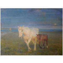 Søren Lund, Listed Danish Artist, Mare with Foal on Meadow, Pastel, circa 1910s