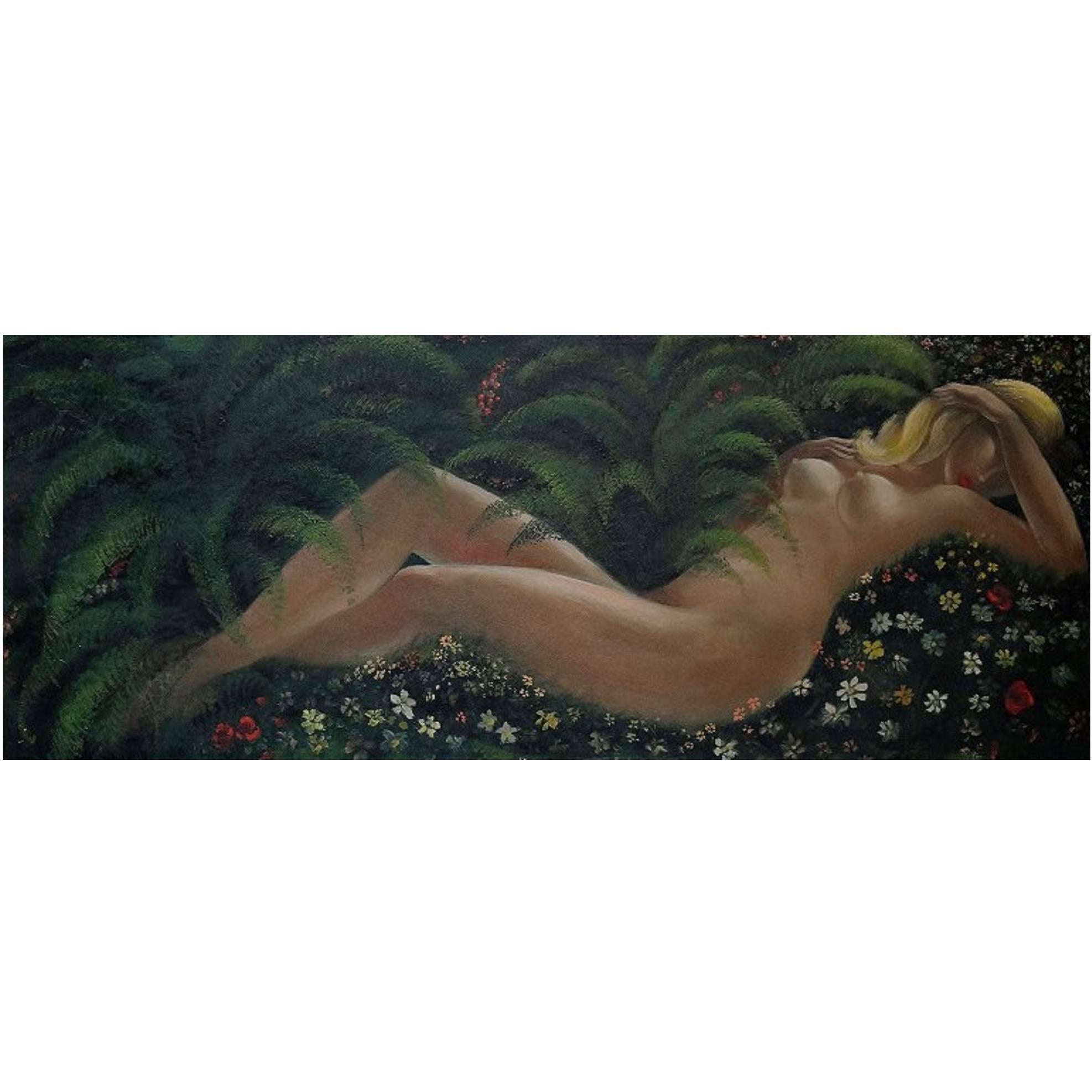 Femme nue allongée, grande huile sur panneau, milieu du 20e siècle
