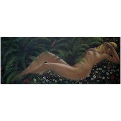 Lying Naked Woman, Large Oil on Panel, Mid-20th Century