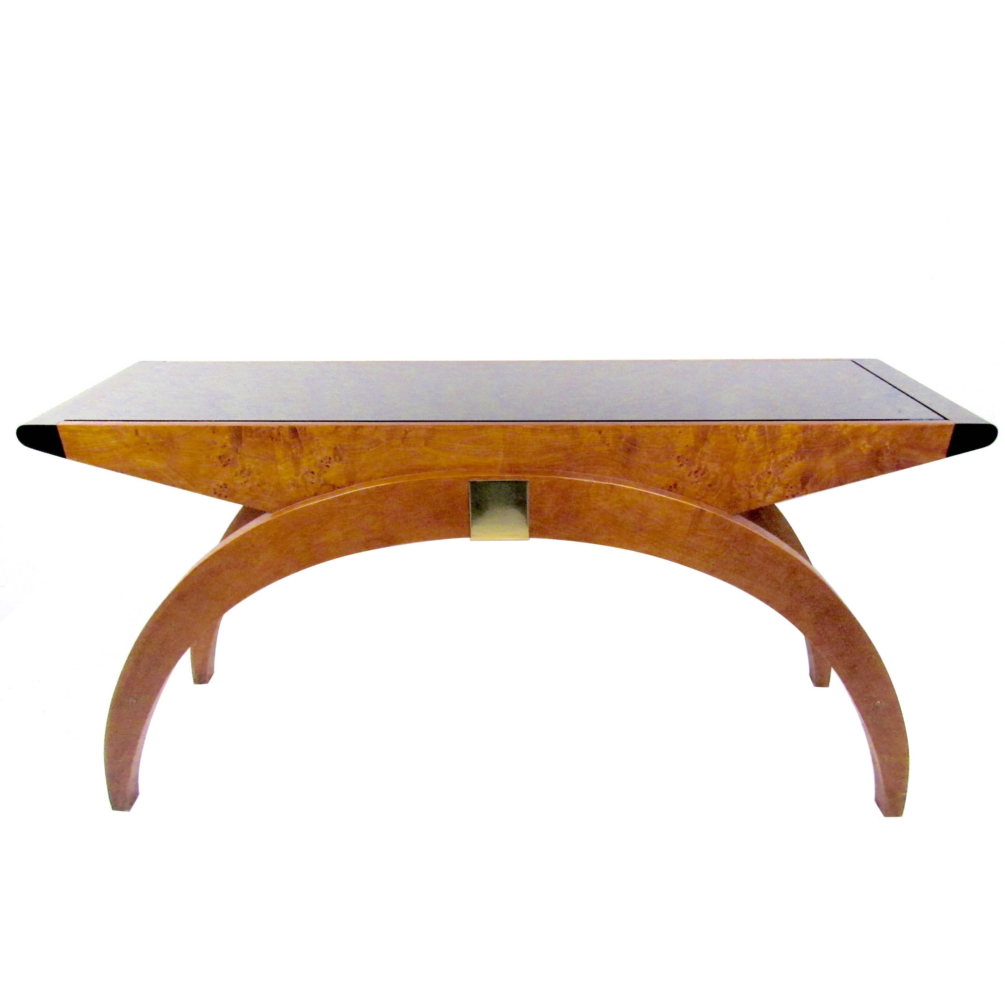 Mid-Century Style Burl and Brass Console Table