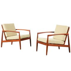 Pair of Danish Modern Teak Lounge Chairs with Wicker Back Rest
