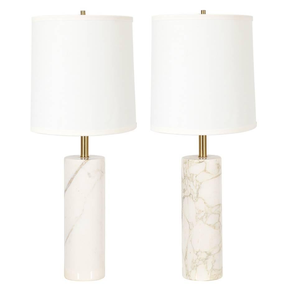 Pair of Mid-Century Cylindrical Marble Table Lamps