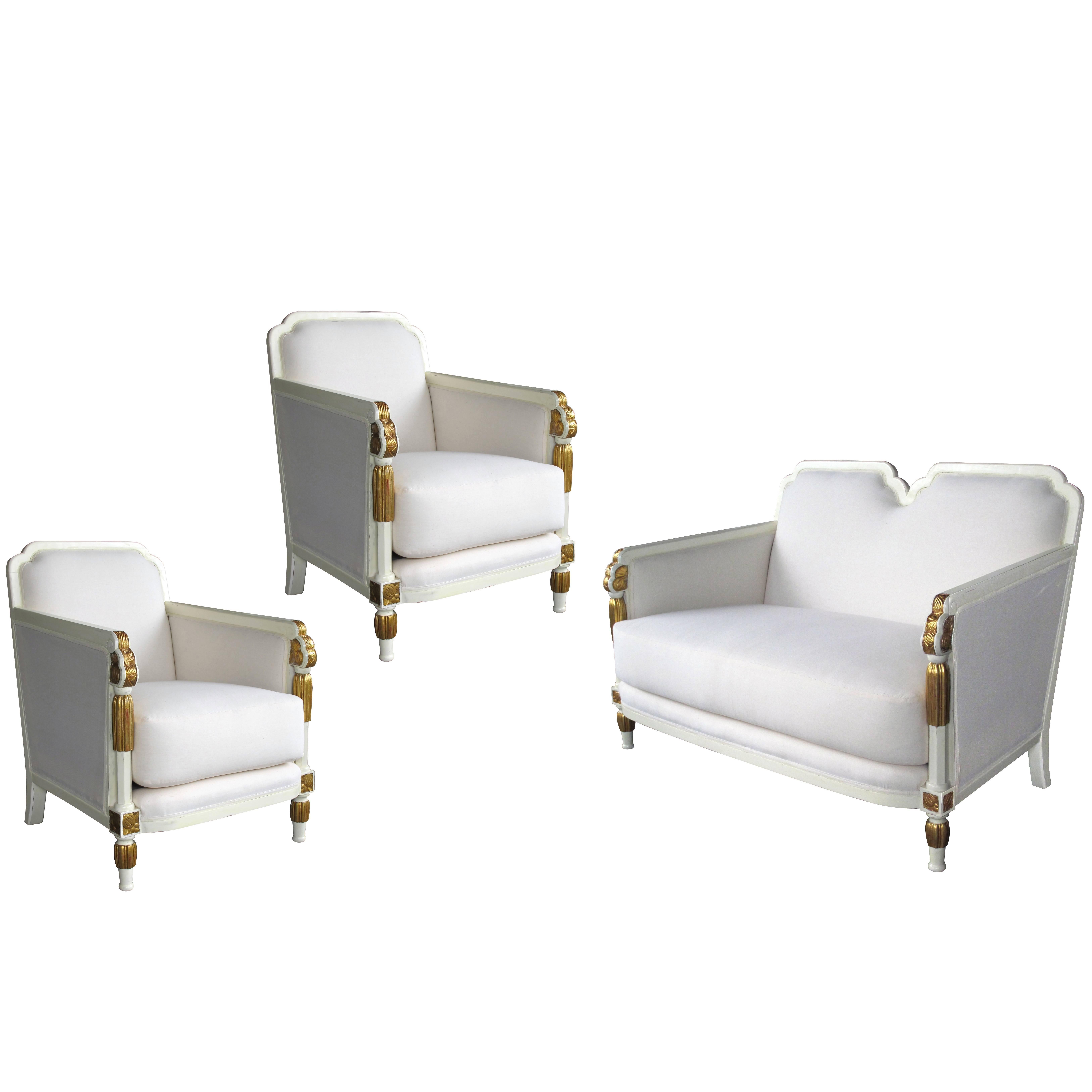 Stylish French Art Deco Ivory Painted & Parcel-Gilt Suite of Two Chairs & Settee