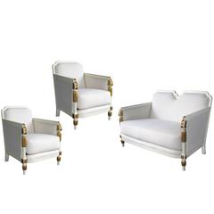 Stylish French Art Deco Ivory Painted & Parcel-Gilt Suite of Two Chairs & Settee 5