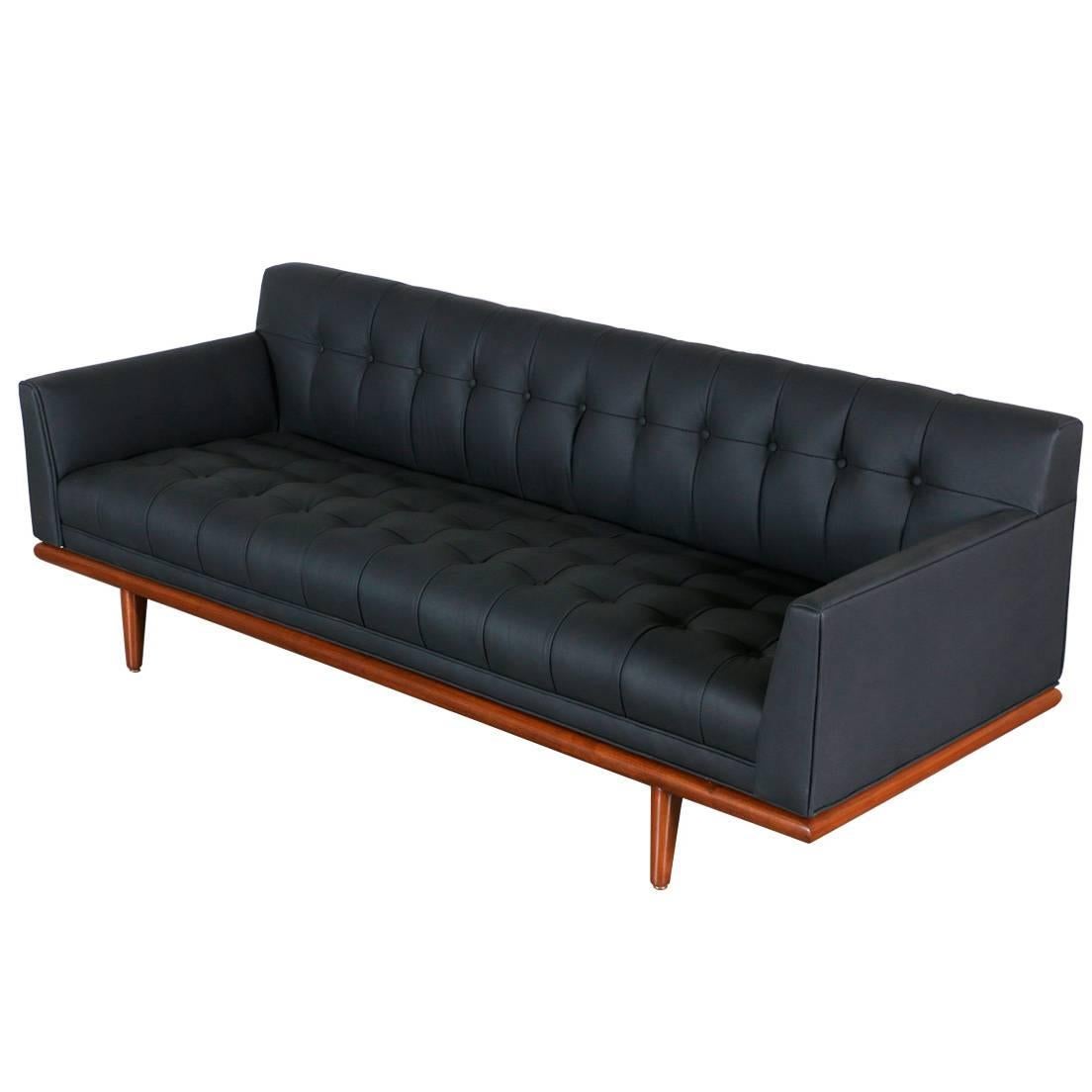Mid-Century Tufted Black Leather Sofa