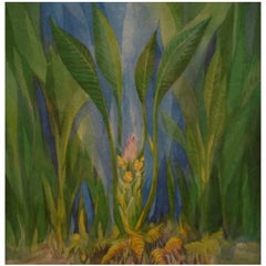 Watercolor on Paper, Artist Unknown, Mid-20th Century Flower with Large Leaves