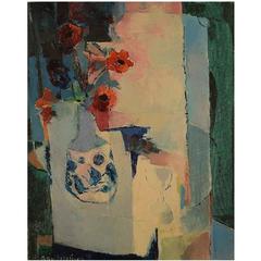 Ray Letellier, French Artist "Les Anémones, " Still Life, Oil on Canvas, 1960s