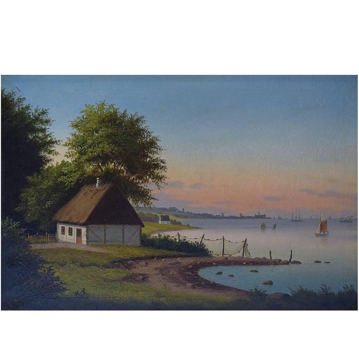 19th Century Danish Artist, Farmhouse with Kronborg Castle in the Background