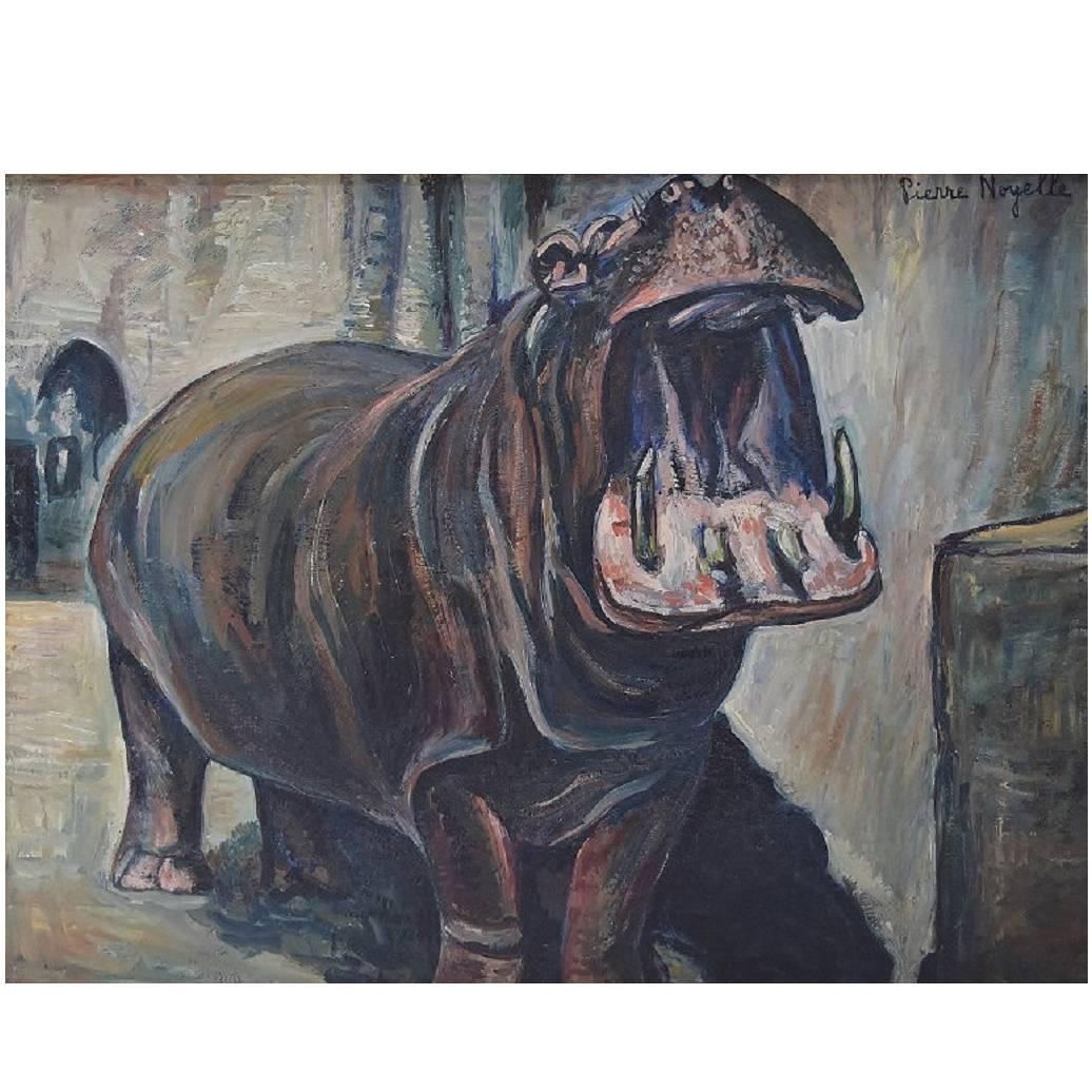 Pierre Noyelle French Artist, Hippopotamus Oil on Canvas