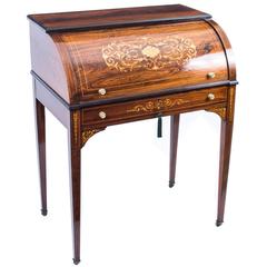 Antique Lady's Rosewood and Marquetry Cylinder Bureau, circa 1880