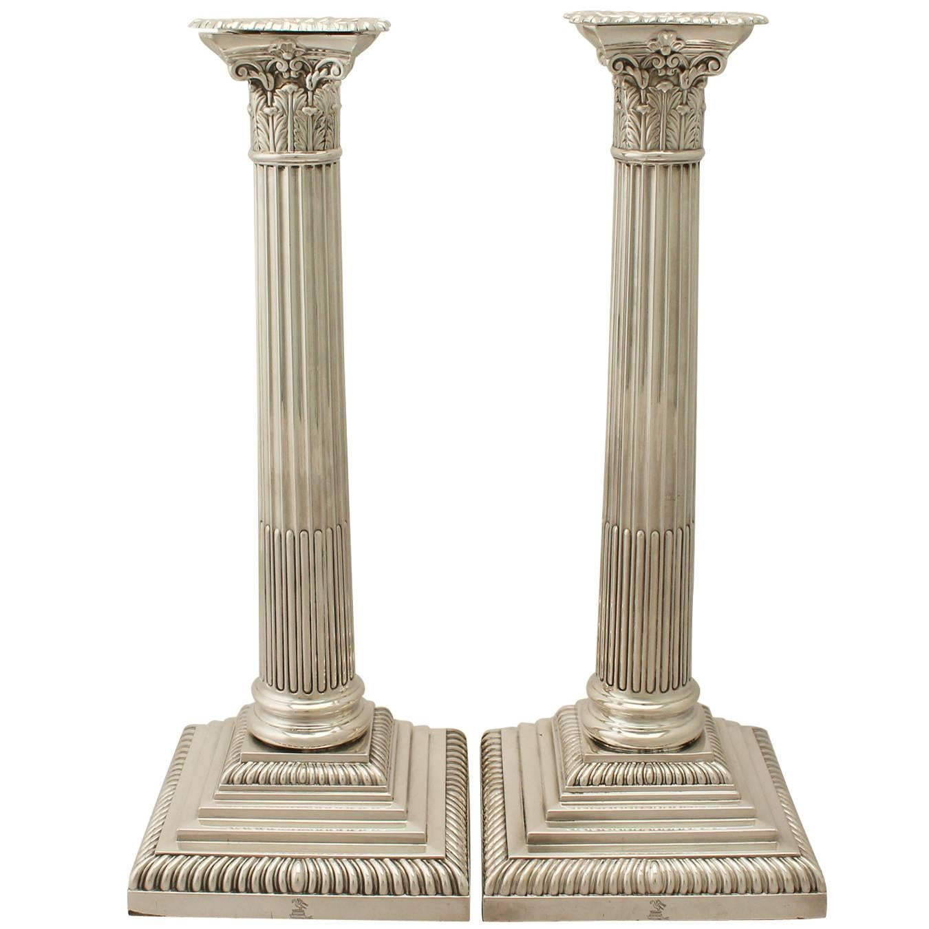 Antique, Sterling Silver Corinthian Column Candlesticks