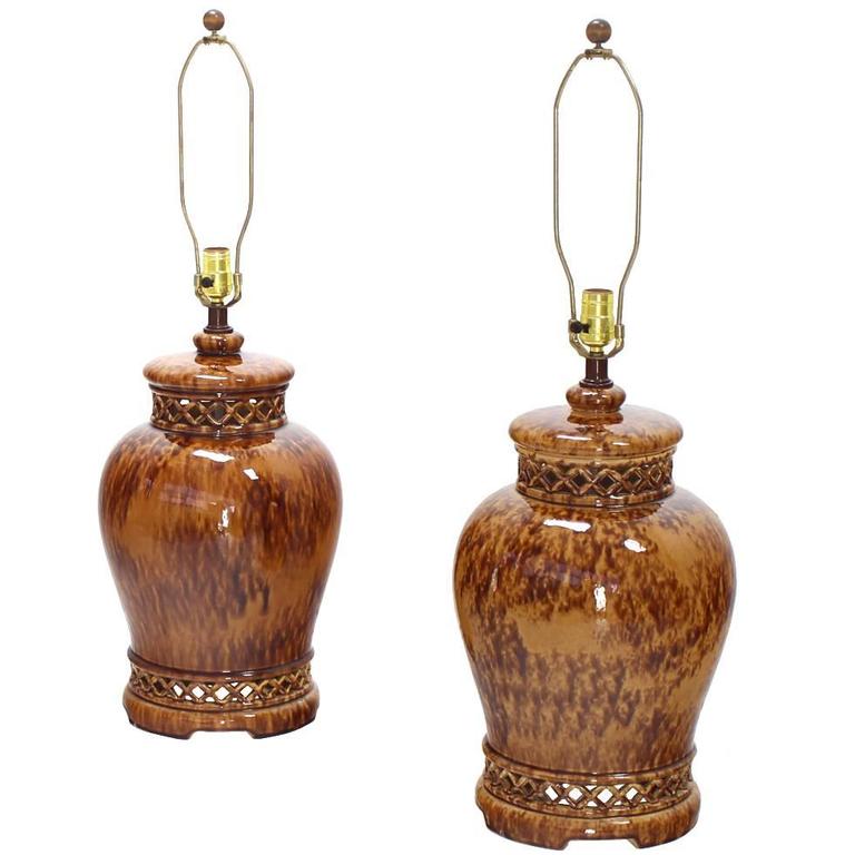 Pair of Large Vase Onion Shape Art Pottery Bases Table Lamps For Sale