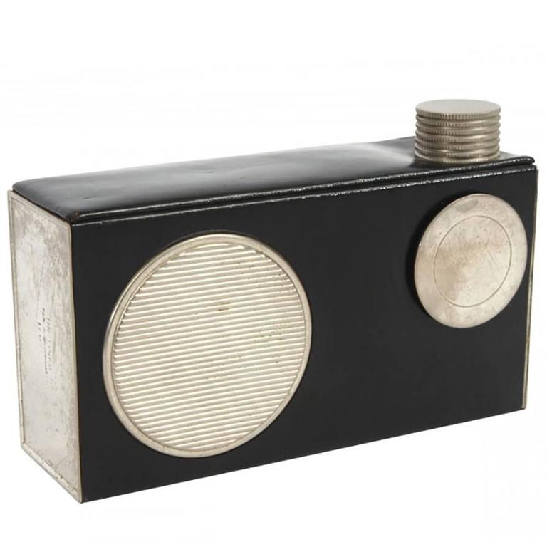 Vintage AHS Radio Form Tin Lined Leather Flask Decanter with Glass For