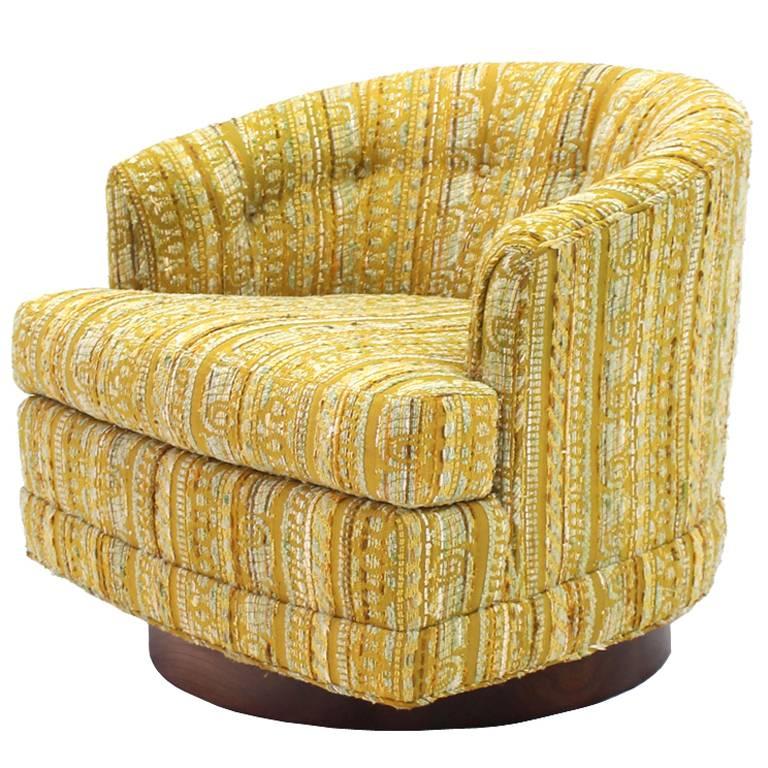 Barrel Back Walnut Base Swivel Lounge Chair For Sale