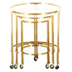 Mid-Century Set of Circular Rolling Brass Nesting Tables