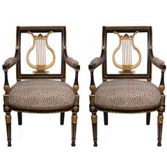 19th Century Italian Neoclassical Ebonized and Parcel-Gilt Armchairs