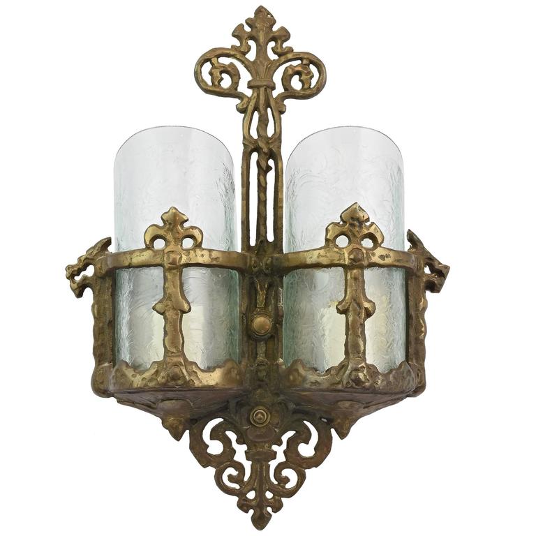 Tudor Style TwoShade Sconce with Glue Chip Glass, circa 1920 at 1stdibs