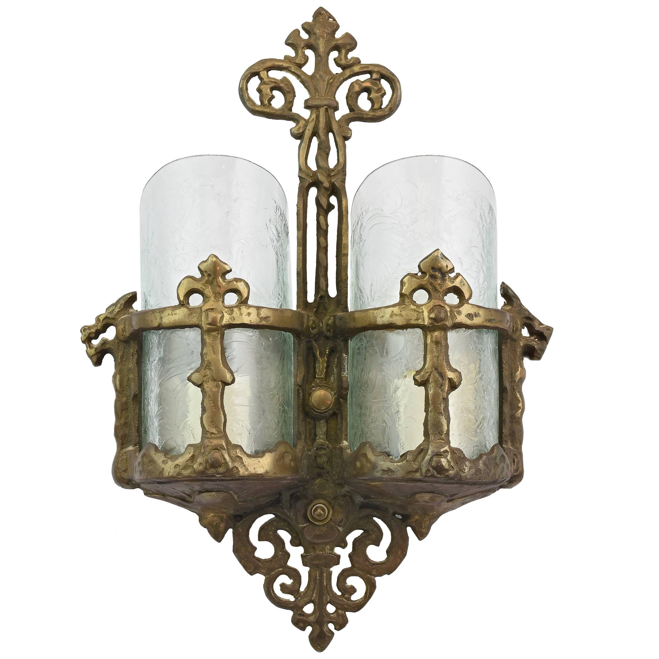 Tudor Style Two-Shade Sconce with Glue Chip Glass, circa 1920