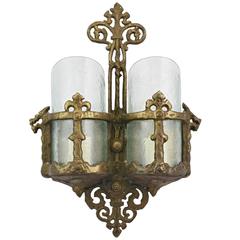 Tudor Style Two-Shade Sconce with Glue Chip Glass, circa 1920