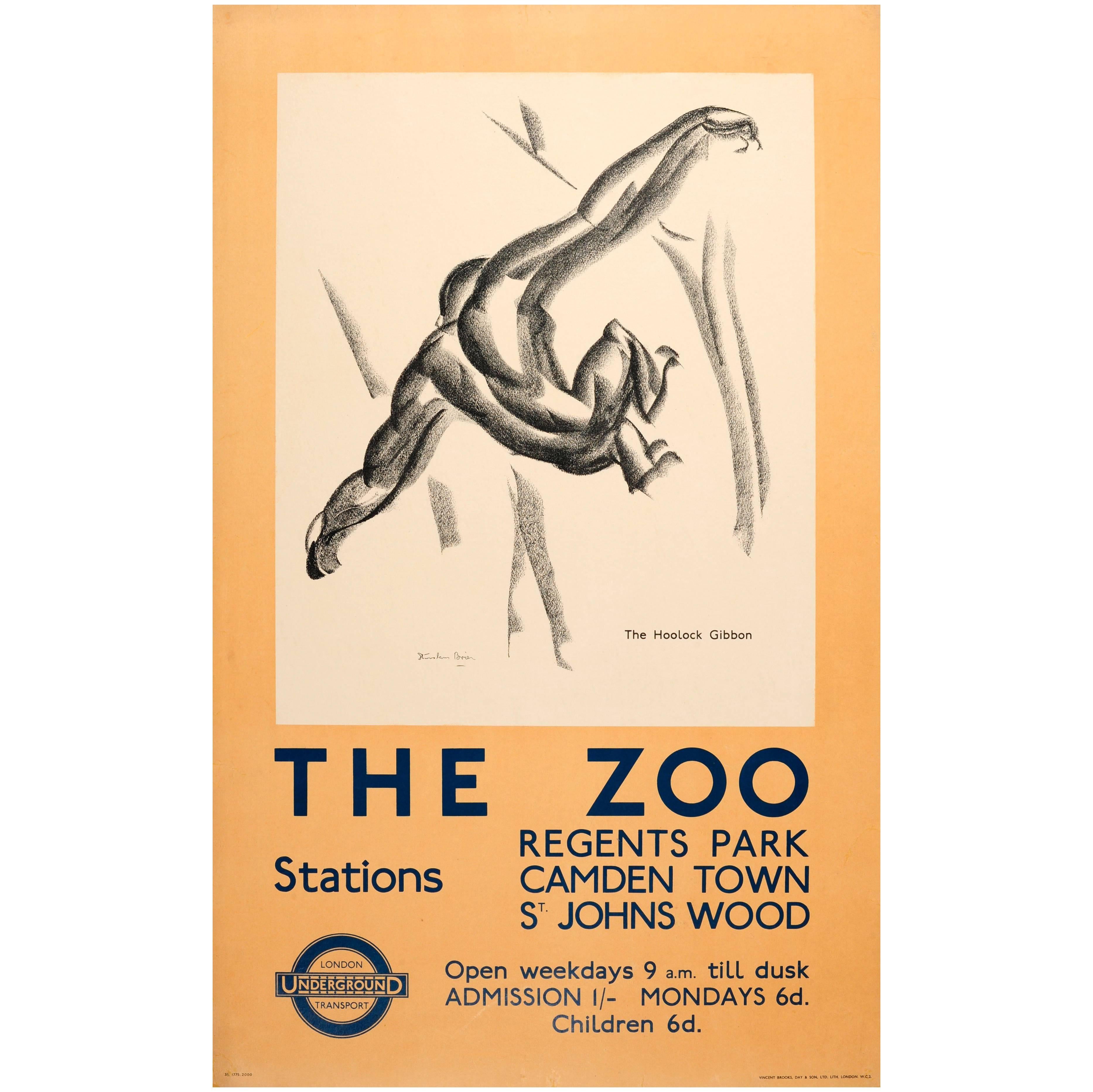 Original Vintage 1935 London Zoo Poster by Stanislaus Brien - The Hoolock Gibbon